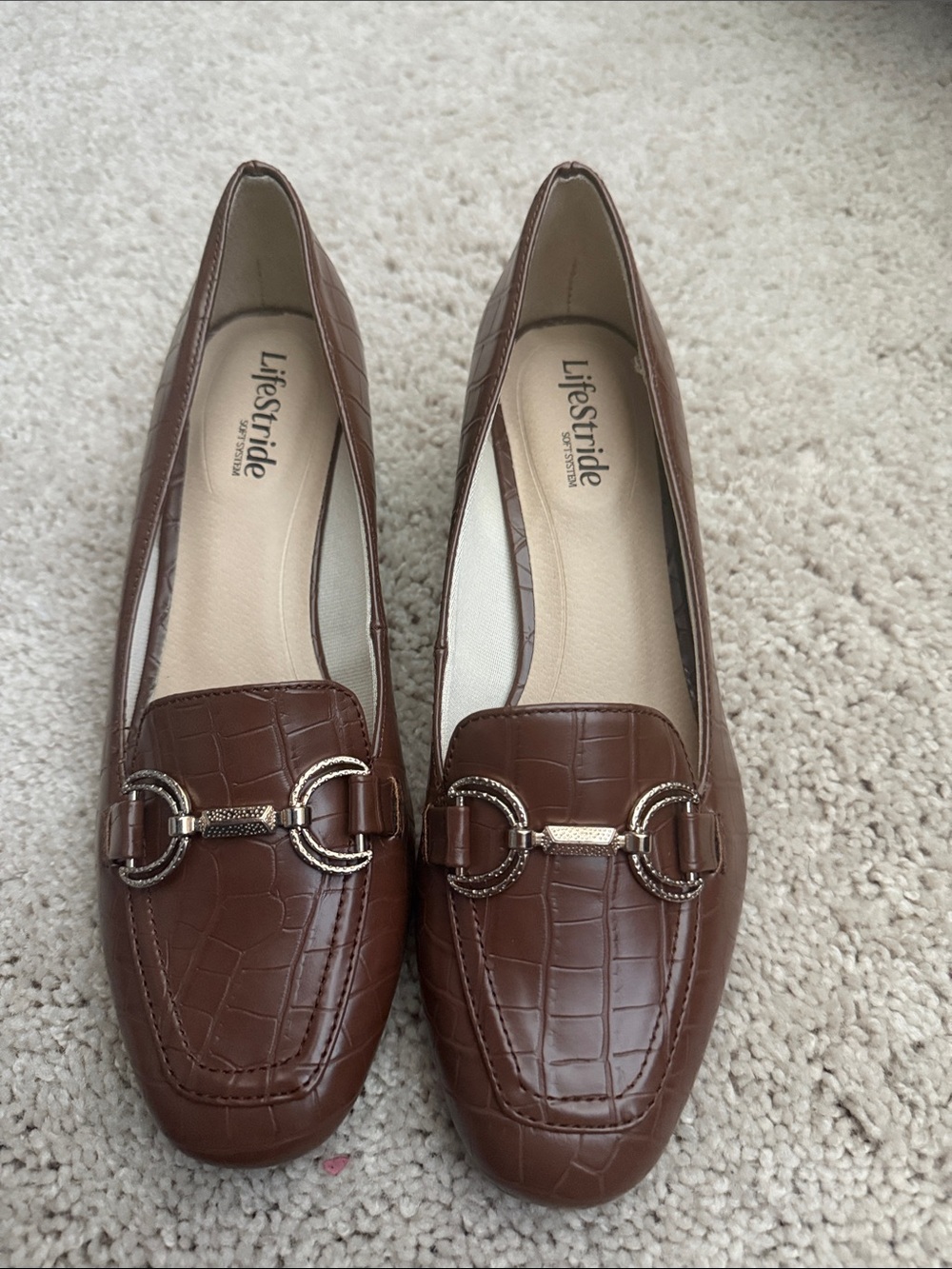 Life Stride Brown Croc-Embossed Slip-On Loafers with Metallic Bit